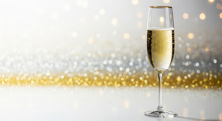 single champagne glass on bright silver and golden bokeh background with copy space for holiday greeting