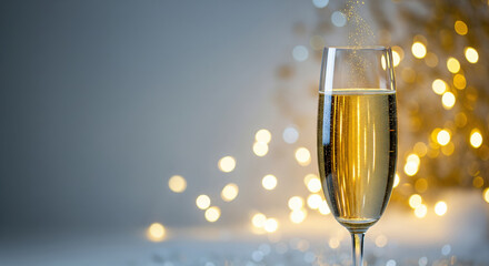 champagne flute with golden glitter on a winter holiday background