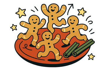Obraz premium Festive Gingerbread Delight. Gingerbread fun. Smiling gingerbread people arranged on a festive red plate,