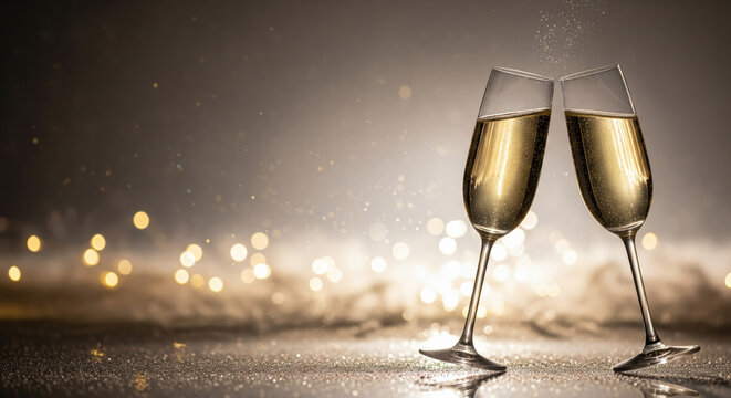 two champagne glasses toasting with splashes on sparkling bokeh background for christmas and new year party
