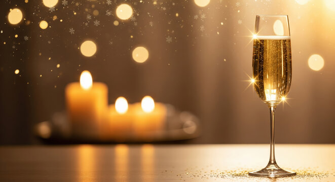 single champagne glass with burning candles on a golden bokeh background for christmas and new year celebration - Powered by Adobe