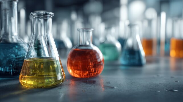 Glassware filled with colored liquids representing laboratory experiments - Powered by Adobe