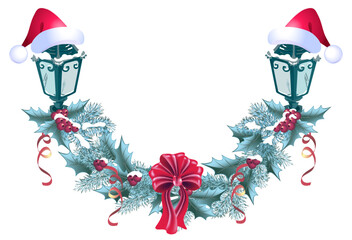 Christmas garland with vintage lanterns, Santa hat, pine branches anh bow. Winter New Year design card.