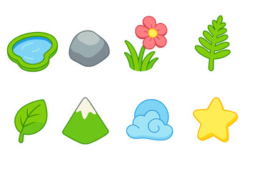 Nature-themed icon set in a colorful outline style for landscapes and environment