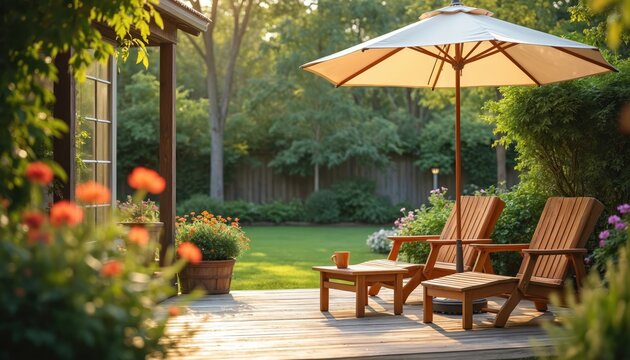 Wooden deck with patio chairs and table under sun umbrella. Green lawn and garden flowers surround outdoor seating area. Peaceful backyard setting for summer relaxation.