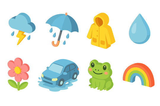 Weather and nature 3d icon set featuring rain, umbrella, and rainbow elements