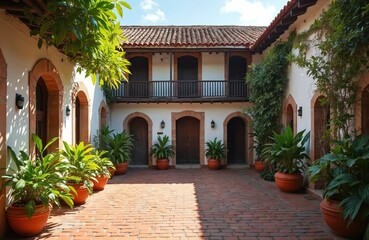 Fototapeta premium White colonial courtyard house with terracotta roof tiles and lush green plants. Spanish architecture with arched doorways and wooden balconies, sunny daytime exterior.