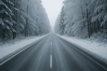 Obraz premium Snowcovered forest road in winter with empty icy highway creating cold seasonal atmosphere