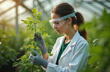 Young woman researcher in protective glasses and lab coat examines green plant stem in greenhouse. She wears gloves, studies plant life, checks growth in a bio lab setting for agriculture science.