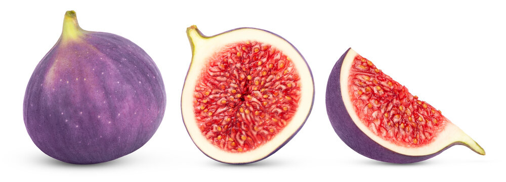 Fresh purple figs isolated on white background, Whole purple fig, half of fig and cut in slice of fig with clipping path.