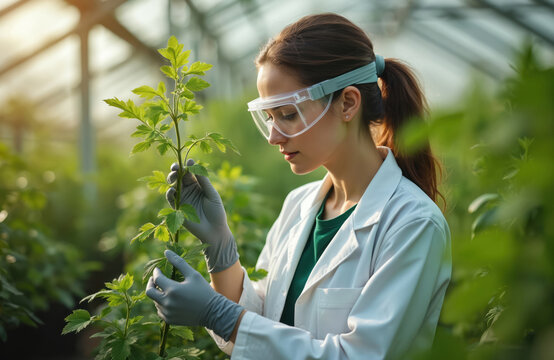 Young woman researcher in protective glasses and lab coat examines green plant stem in greenhouse. She wears gloves, studies plant life, checks growth in a bio lab setting for agriculture science. - Powered by Adobe