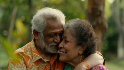 An elderly couple sharing a tender moment together.