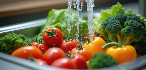 Fresh assorted vegetables get rinsed under running water in kitchen sink. Healthy raw produce like tomatoes broccoli bell peppers lettuce ready for meal preparation. Clean ingredients for cooking.