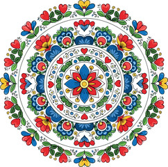 Vibrant floral mandala with traditional folk art motifs