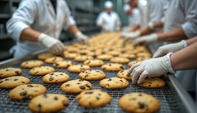 Workers in white coats and gloves arrange chocolate chip cookies on a cooling rack in a factory production line. Baked goods move along a conveyor belt for packaging and distribution. - Powered by Adobe