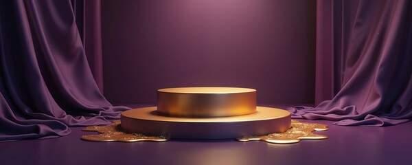 Golden double deck podium with purple fabric draped on sides. Liquid gold spills onto reflective dark floor creating rich display effect. Suitable for luxury product launches, awards ceremonies,