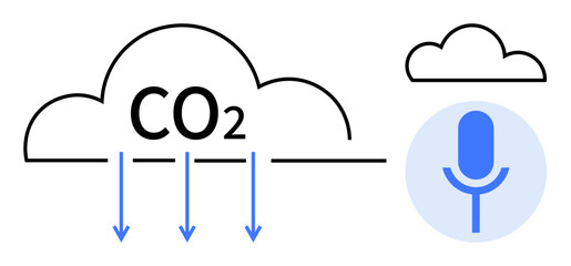 Environmental awareness, carbon capture, green technology, sustainable energy, digital tools, smart solutions. CO2 cloud with arrows and a microphone symbol. Environmental awareness and green