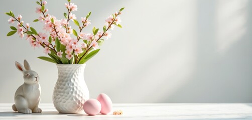 Spring bouquet with pink blossoms in white vase next to bunny figurine and pastel eggs. Easter theme with copy space for text on clean bright background.