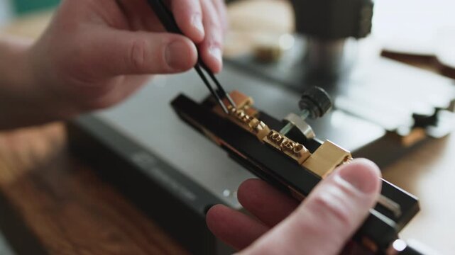 Hot stamping type holder with brass letters adjusted by hand in artisan leather branding workshop close up