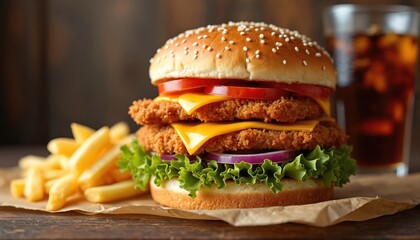 Big chicken burger with double cutlets cheese tomato and lettuce. Served with french fries and drink. Delicious street food snack for lunch or dinner.