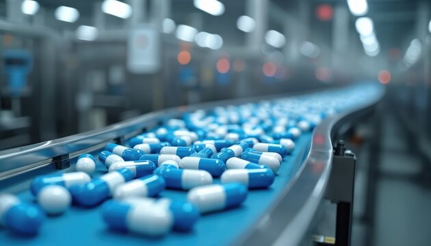 Blue and white capsules move along automated conveyor belt in pharma factory. Medicine production line processes drugs. Automated facility makes pills for healthcare market.