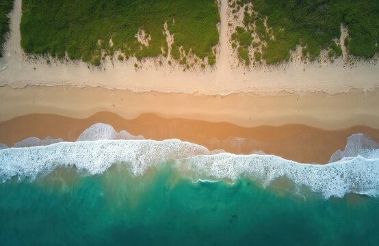 Aerial top view of ocean waves rolling onto a sandy beach with green grass. Natural coastal landscape from above shows seaside edge and sand. - Powered by Adobe