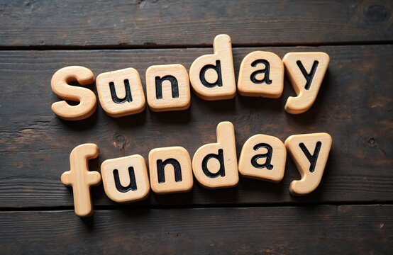 Wooden alphabet letters spell sunday funday on a dark wood background, representing weekend leisure and relaxation. Perfect for social media posts, blogs, and design projects.