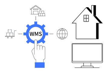 Inventory management, logistics software, supply chain, e-commerce operations, warehouse automation, delivery network. Hand pointing to WMS gear beside warehouse, house computer. Inventory