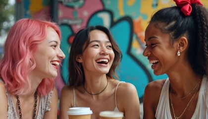 Three diverse young women laugh heartily together at an outdoor cafe. Friends enjoy conversation and drinks with a colorful graffiti wall behind them. Natural expressions of joy and connection.