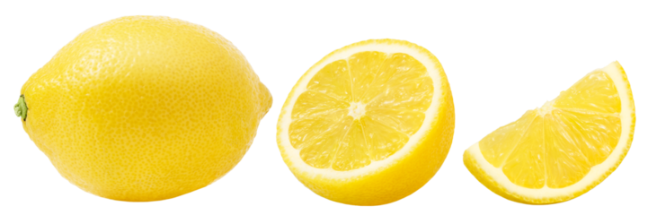 Lemons isolated collection. Half of lemon fruit, whole lemon and cut in slice isolated.