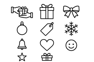 Gift Exchange Icons. Gift Swap Scene. Line outline icon set of Gift Swap Scene: two hands holding gifts,