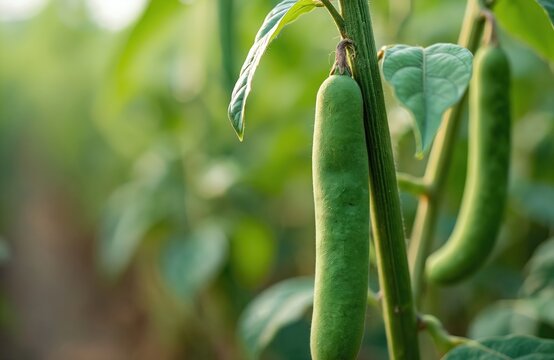 Cluster beans hang from a plant stem on a farm field. Green guar pods grow on agriculture plantation in nature. Healthy vegan food cultivation for harvest.