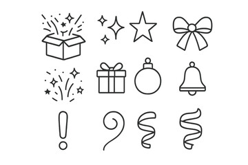Festive Icon Set. Festive Surprise Package. Line outline icon set of Festive Surprise Package: popping gift