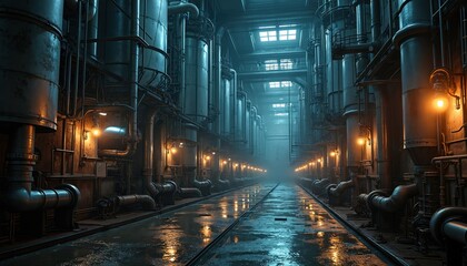Fototapeta premium Vast industrial complex with numerous large metal pipes and machinery. Dimly lit underground facility with wet floors reflecting orange lights. Power generation, water treatment, or factory interior.