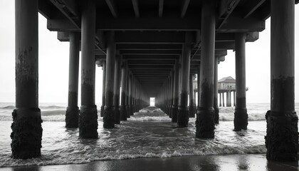 Monochromatic view looking under Huntington Beach Pier. Ocean waves wash ashore between concrete pilings under a cloudy sky. A distant structure is visible at the pier end.