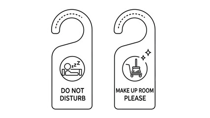 Two white door hangers displaying do not disturb and make up room symbols are shown
