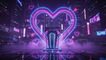 Futuristic Neon Podium with Heart Lights. Ai generation