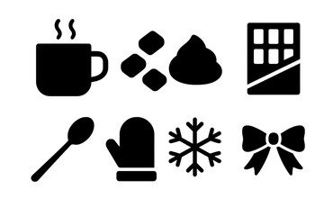 Hot Cocoa Icons. Hot cocoa essentials. Filled icon set of hot cocoa essentials: mug, marshmallows, whipped