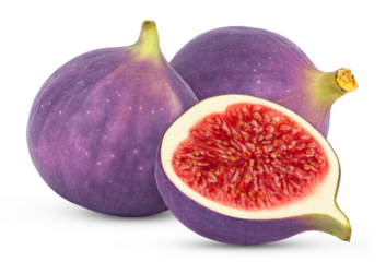 Two ripe fresh figs and half of fig isolated.