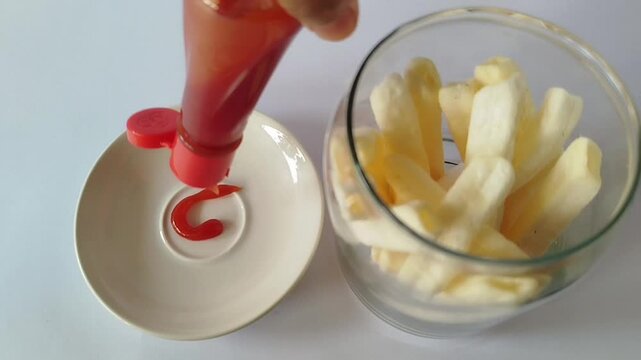 Hand pouring chili sauce into a small white dish beside an open glass jar of crispy potato sticks on a clean white background, perfect for snack ads and culinary content.