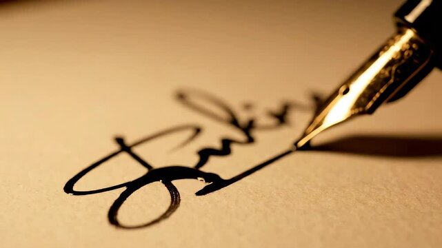 Cinematic extreme close-up of an ink fountain pen writing a signature on paper. Concept of business agreement, legal deal, executing a will, marriage certificate or notary act.
