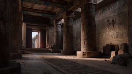Inside a grand ancient temple with carved columns, hieroglyphs, and a sunlit doorway