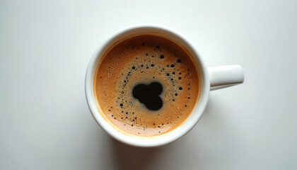 White mug holds hot coffee with frothy crema on top. Black espresso liquid rests beneath light brown foam. Morning beverage ready for sipping to start a busy day.