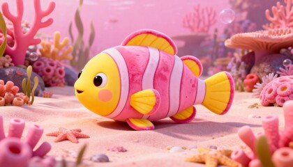 Cute cartoon pink fish in a fluffy underwater scene with soft coral reefs and marine plants &mdash; adorable kids ocean illustration in plush art style.