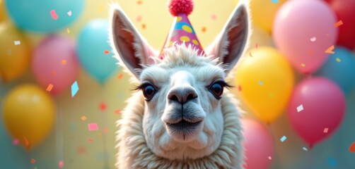 Funny white llama wears party hat, surrounded by colorful balloons, falling confetti. Adorable animal looks directly at camera, ready for birthday fun. Eyes express playful charm, joy, creating