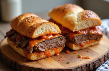 Juicy bifana sandwich with sliced pork beef generously stuffed into fluffy baked bread. Savory meat drenched in rich orange sauce on wooden board.