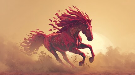 Fiery Steed in the Desert: An ethereal horse, engulfed in flames, gallops with fierce determination across the vast desert, embodying power and freedom under a fiery sky.