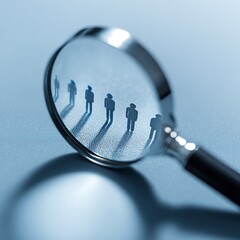 Magnifying glass on blue background  searching for job candidates in the labor market