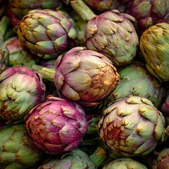 Obraz premium Vibrant fresh artichokes available at local farmers market for culinary exploration and enjoyment