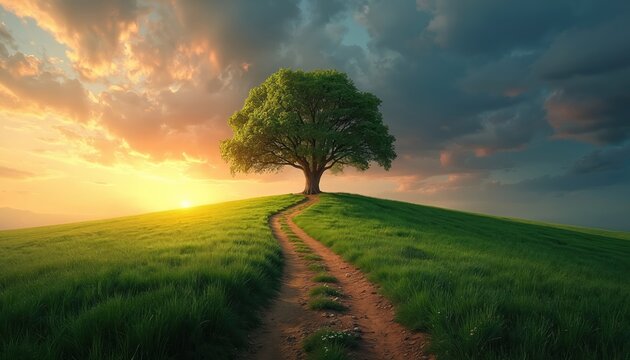 Single tree stands on green grass hill. Winding dirt path leads up towards tree. Dramatic sunset sky with golden light and dark clouds. Peaceful landscape, nature beauty.